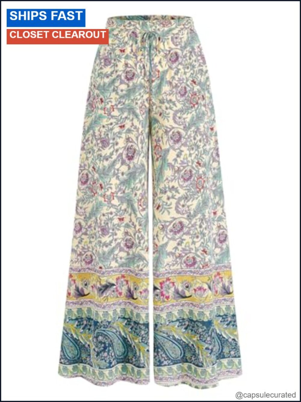 Wide Leg Boho Paisley Flowy Palazzo Trousers with Pockets Pull On